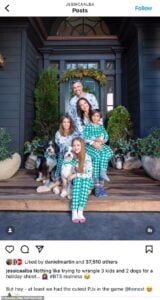 Jessica Alba and her family pose in their Christmas pajamas in front of their Los Angeles home