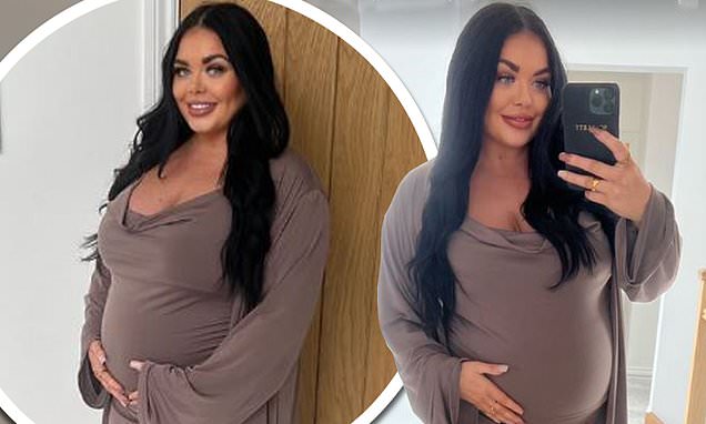 Pregnant Beautiful Scarlett Moffatt flaunts her growing baby bump in a brown midi dress in an Instagram photo