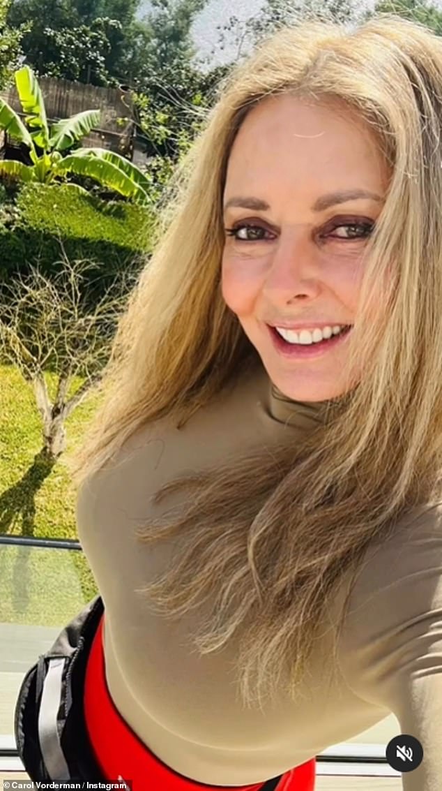 Carol Vorderman, 62, flaunts her toned abs in skintight gym leggings and a crop top as she discusses her preparation for her upcoming appearance on I'm A Celebrity