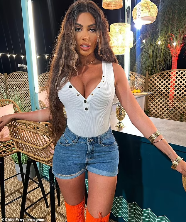 Chloe Ferry poses for seductive photos in Greece, flaunting her boosted body in a skintight white bodysuit and hot short