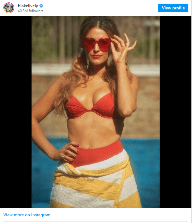 Just five months after giving birth to her fourth child, Blake Lively wore a red high-waisted bikini and matching heart-shaped sunglasses.