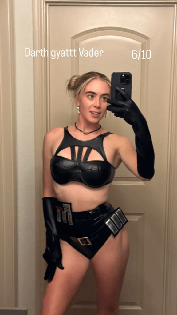 In a leather bra, golf influencer Grace Charis dresses as Darth Vader for Halloween
