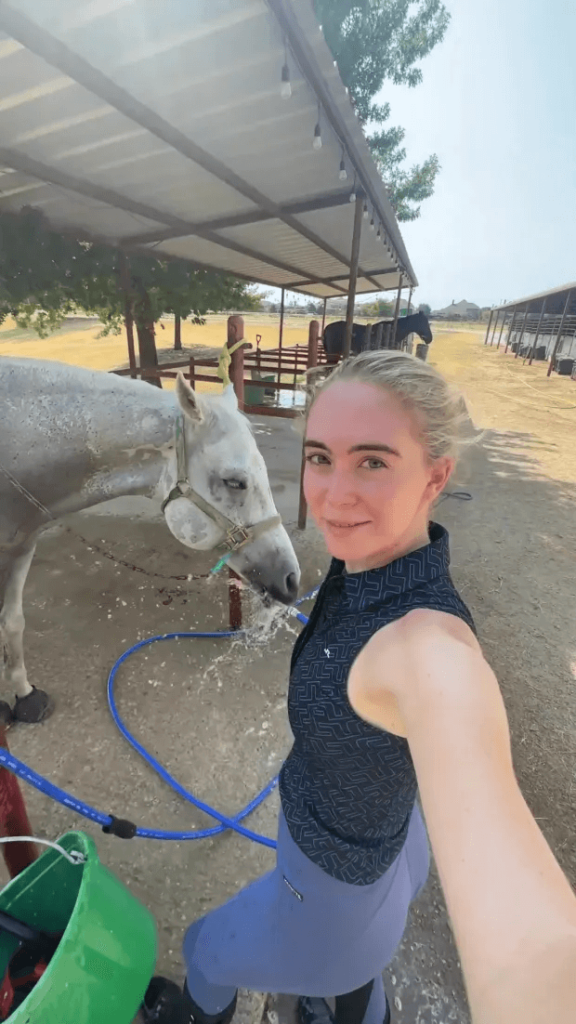 As Charis watered the horse in the summer sun on her Instagram Story, she turned to the camera and chuckled, following a trip to the stables in her horse-riding attire.