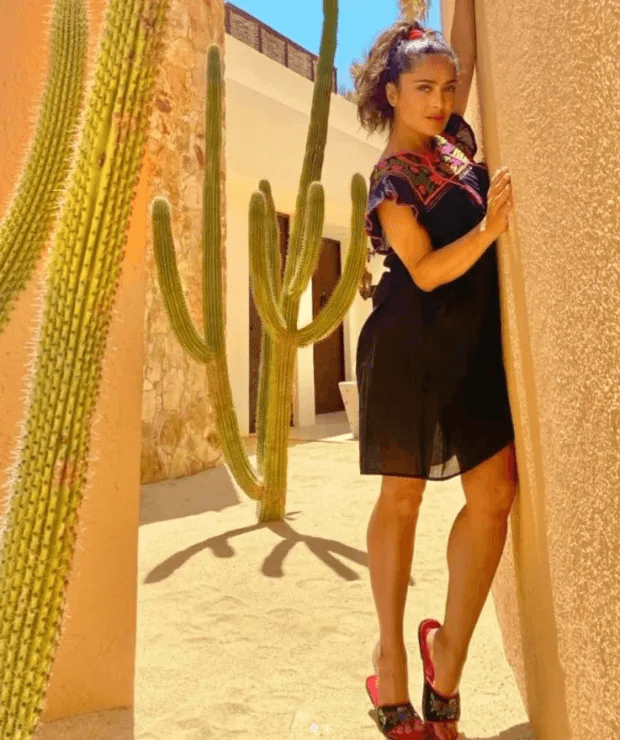Salma Hayek showcased her incredible figure in a sheer black dress while on vacation in Mexico.