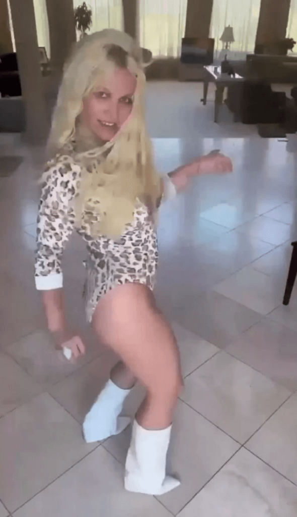 Following her split from Sam Asghari, Britney Spears danced around at home wearing a saucy leopard-print one-piece.