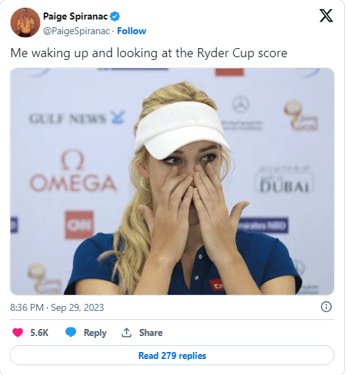 When she saw that Team Europe was ahead of Team USA at the Ryder Cup, Paige Spiranac broke down in tears.