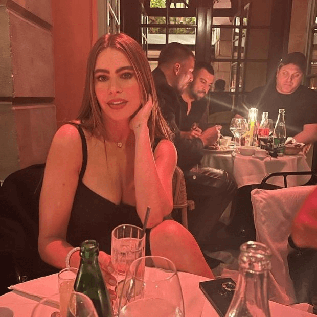 A plunging dress risked a wardrobe malfunction when Sofia Vergara posed at a dinner table in Paris