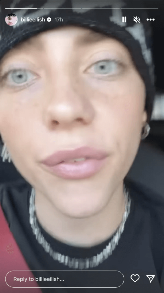 During a car ride, Billie Eilish showed off a glam make-up look far removed from her usual bold look.