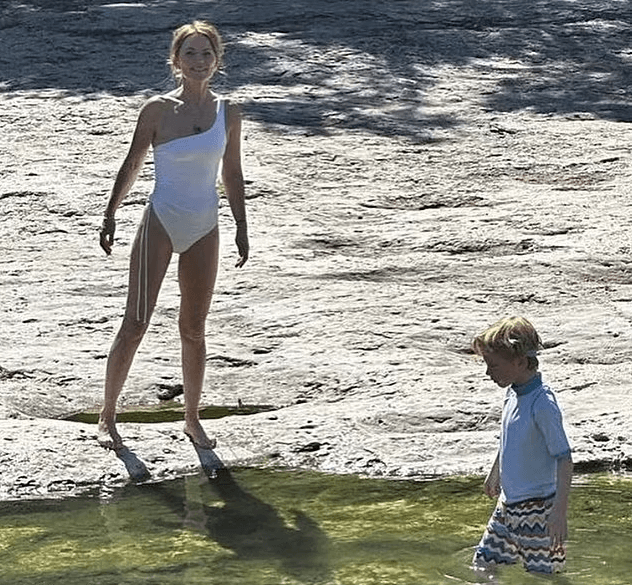 For a lake day with her children in Austin, Texas, Geri Halliwell-Horner wore a signature white swimsuit.