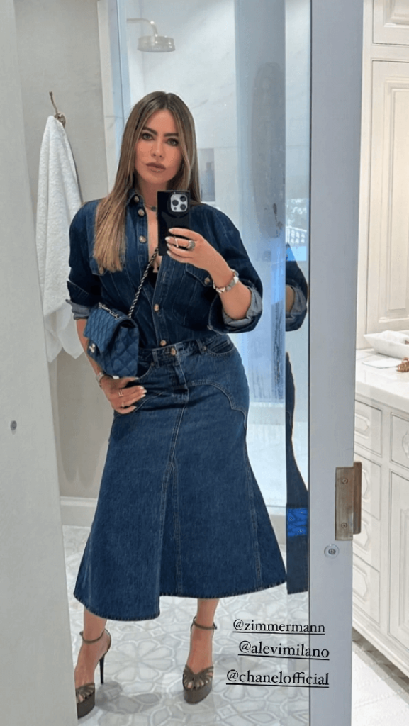 In a skin-tight denim ensemble, Sofia Vergara tamed her curves after showcasing her figure in brand new selfies.