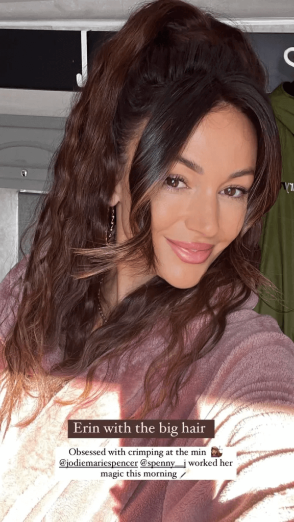 On Instagram, former Coronation Street star Michelle Keegan shared a photo of her new eighties-style hairstyle, which has plenty of back-combing.