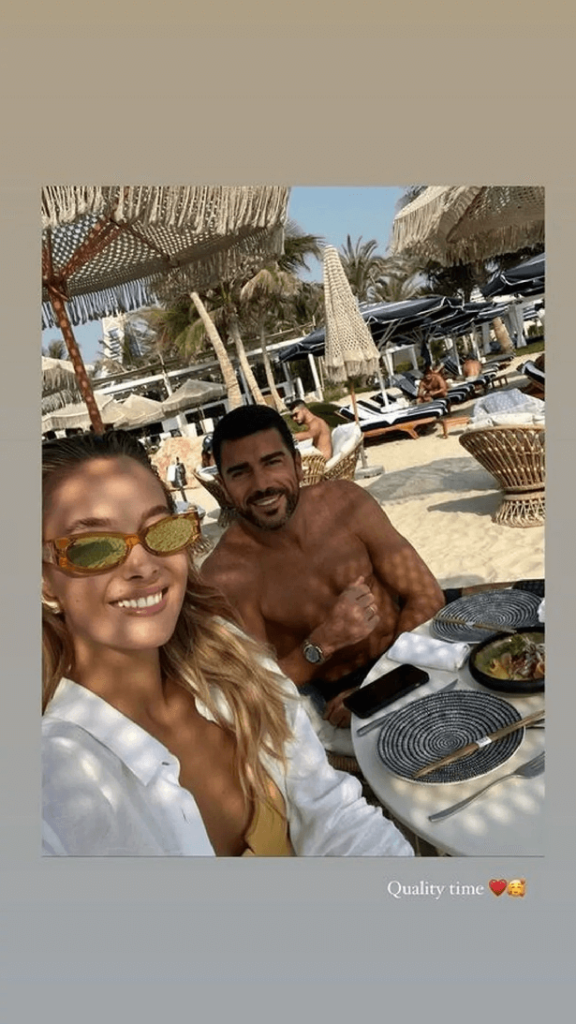 Taking advantage of the sunshine in Dubai, Varga posted a photo of herself and Pelle sitting down for a meal in Dubai, and a picture of them both smiling for the camera as they enjoyed the golden hour bikini snaps.