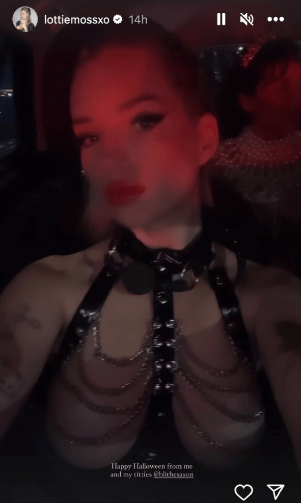 In her dominatrix-style outfit, Lottie teamed fishnet suspenders with latex fabric boots and gloves, and wore vibrant red lipstick on her lips.