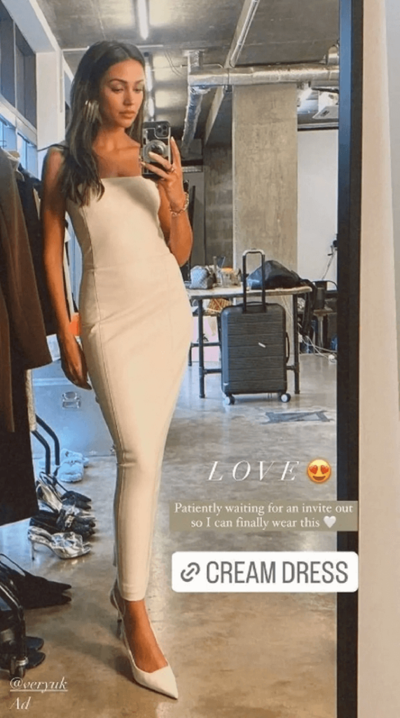 In a November Instagram post, Michelle Keegan showed off her amazing body in an all-cream strapless dress that hugged every inch of her body.