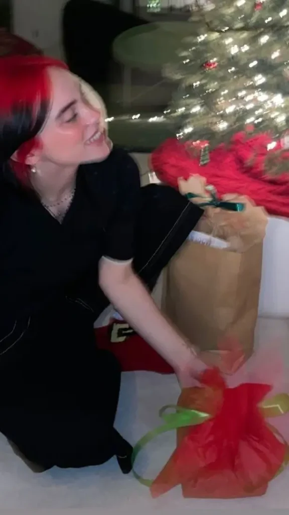The Bad Guy singer posted another snap on her Story, this time tilting her head to one side and raising her knees in the air to grab a green and red ribbon-wrapped present.