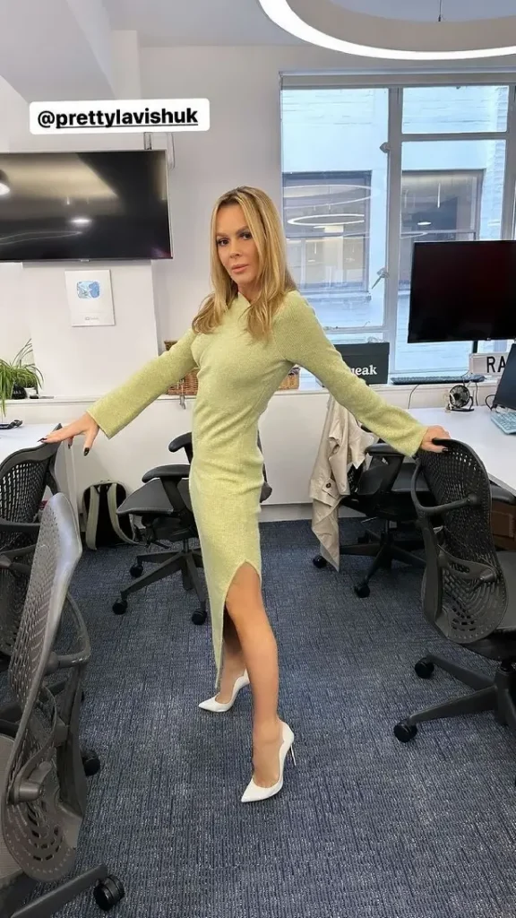 Pretty Lavish's skinny green cut-out dress gave Amanda Holden a glamorous look in the Heart FM studios.