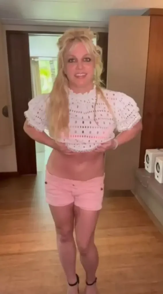 In a video shared at the end of March, Britney Spears almost revealed too much of her figure in tiny pink shorts and a see-through white crop top.