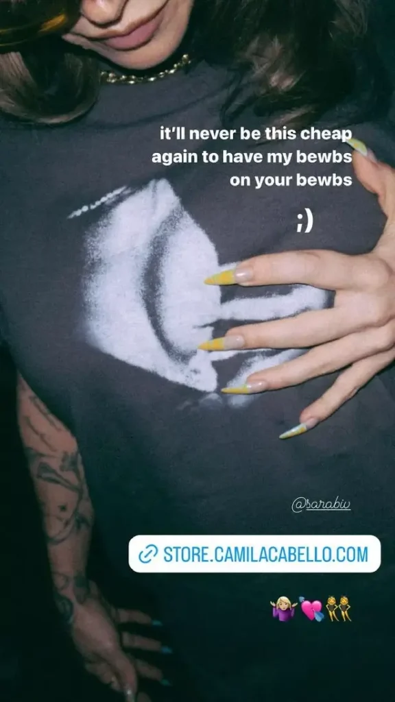 Her Instagram Story featured a picture of her chest on a black t-shirt as Camila Cabello promoted some rather racy shirts she is selling.