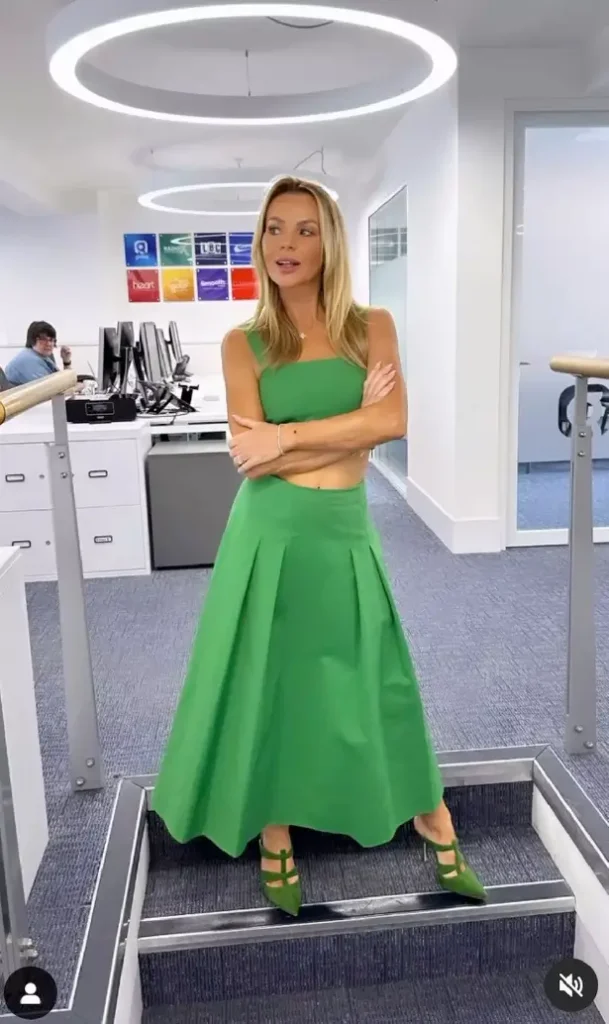 Amanda Holden looked youthful as she headed to work wearing a gorgeous green crop top and skirt combo from Florere this week.