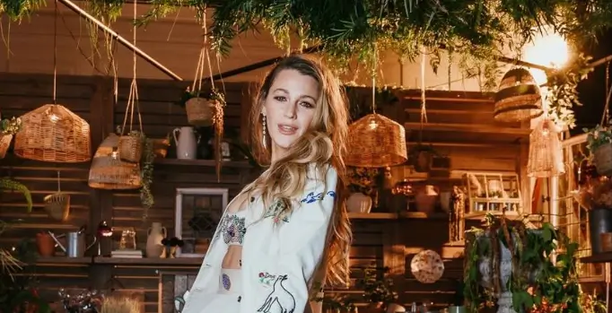 Blake Lively, 37, looked stunning as she modeled a white leaf sequined bralette that exposed her toned abs and bust