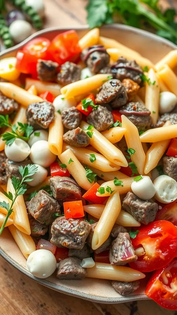 A delicious plate of creamy beef alfredo pasta salad with fresh vegetables.