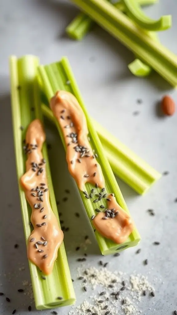 Almond butter spread on celery sticks topped with chia seeds.