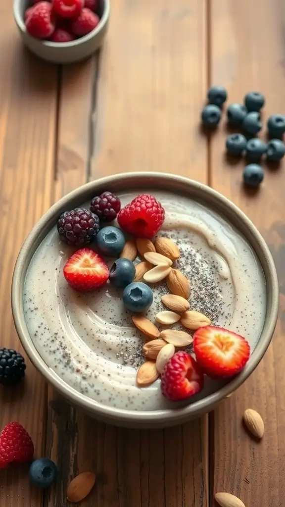 A bowl of almond butter chia seed pudding topped with fresh berries and almonds on a wooden table.