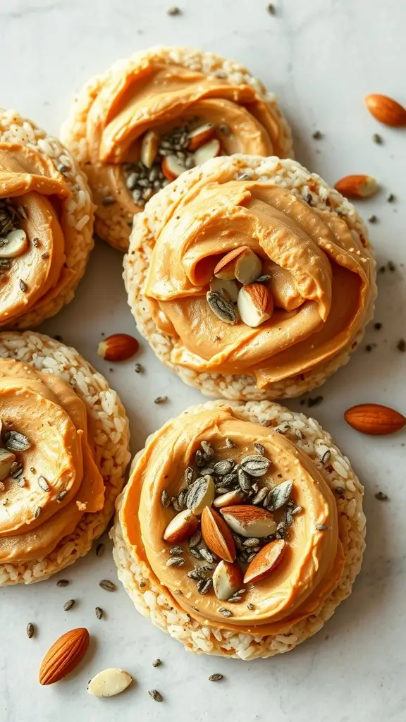 Rice cakes topped with almond butter, sliced almonds, and chia seeds