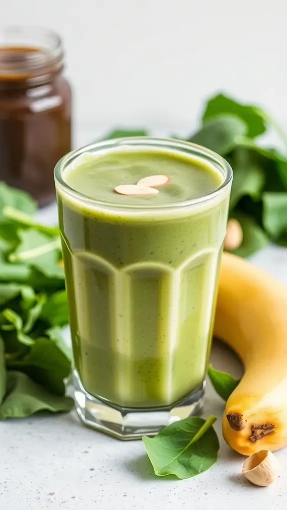 A refreshing green almond butter smoothie with spinach and banana in a glass