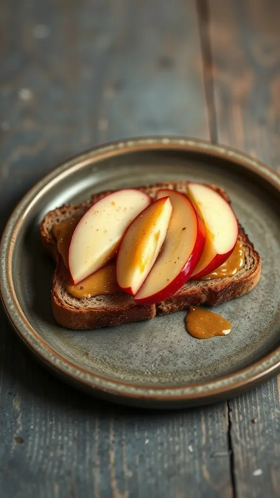 Almond butter toast topped with sliced apples on a plate.