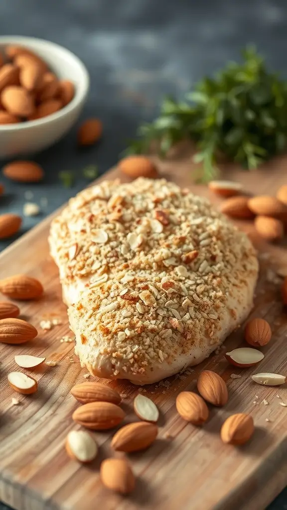 Almond crusted chicken breast on a wooden cutting board with almonds around it