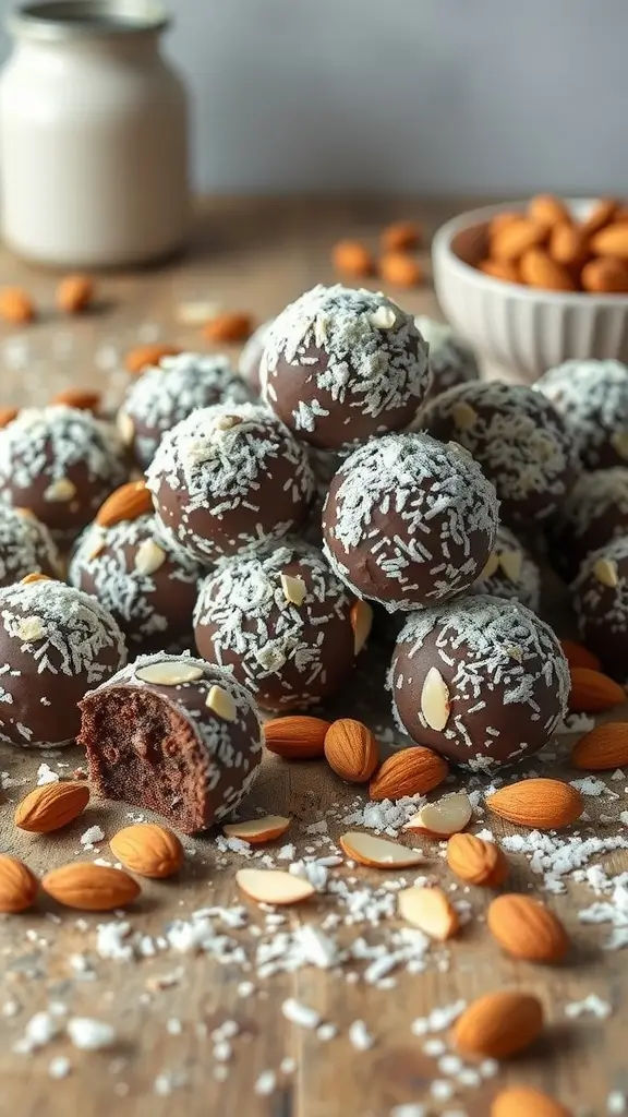 Almond Joy Protein Balls stacked with almonds and coconut flakes.