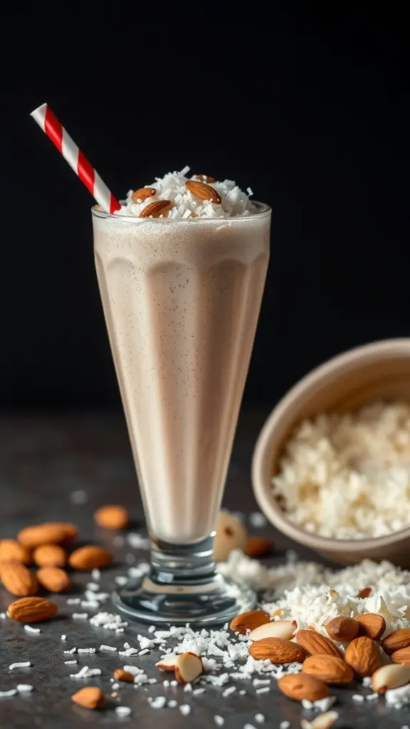 A creamy Almond Joy Protein Shake garnished with almonds and coconut shavings in a tall glass.