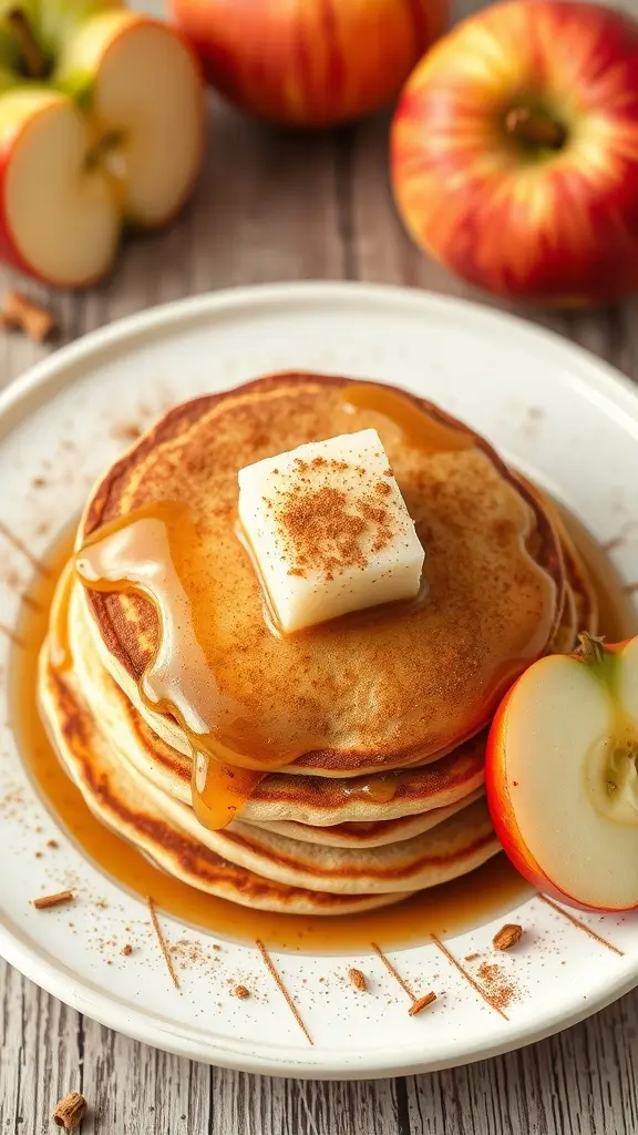 Delicious apple cinnamon pancakes topped with butter and syrup.