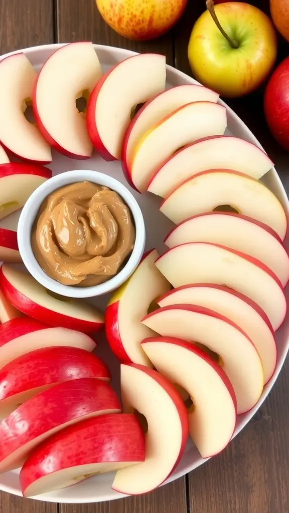 A plate of sliced apples arranged with a small bowl of almond butter in the center.