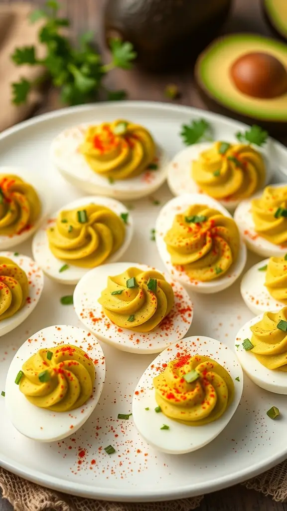 A plate of avocado deviled eggs garnished with paprika and fresh herbs.