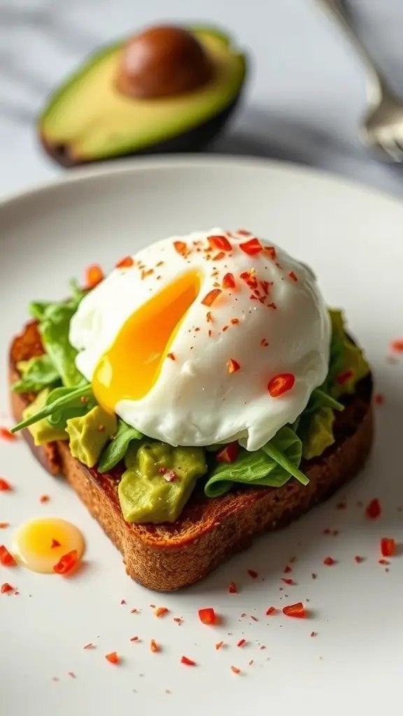 Avocado toast topped with a poached egg and red pepper flakes.