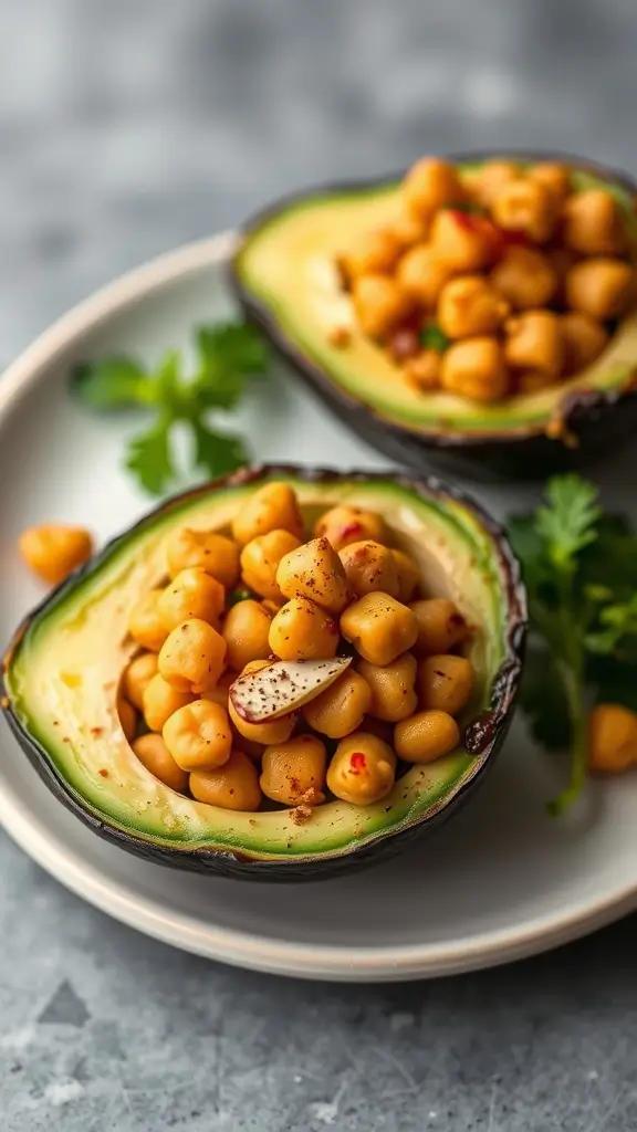 Baked avocado eggs with chickpeas served on a plate