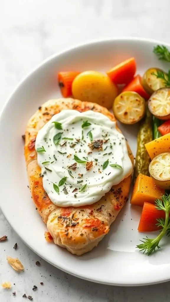 Baked chicken breast topped with herbed cream cheese, served with colorful vegetables.