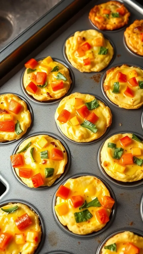 Baked egg muffins with colorful vegetables like bell peppers and spinach in a muffin tin.