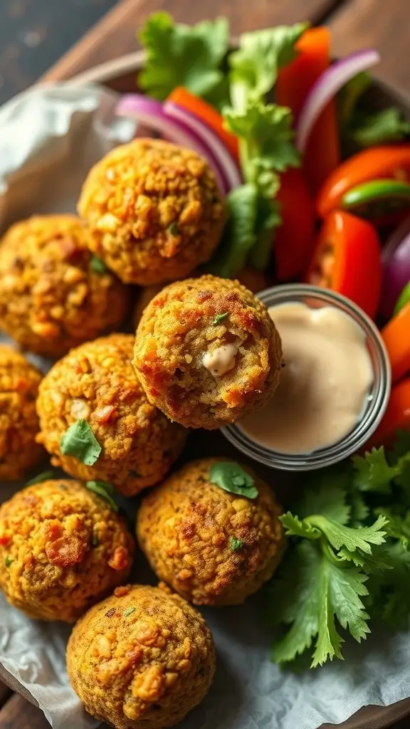 Baked falafel served with tahini sauce and fresh vegetables