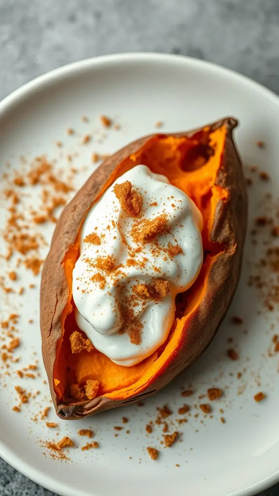 Baked sweet potato topped with Greek yogurt and spices