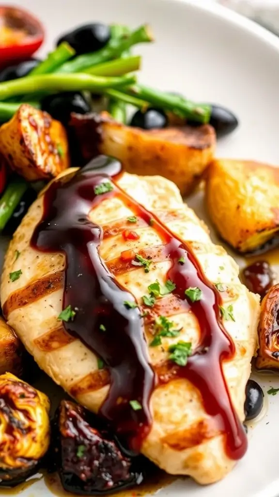 A plate of balsamic glazed chicken served with vegetables.