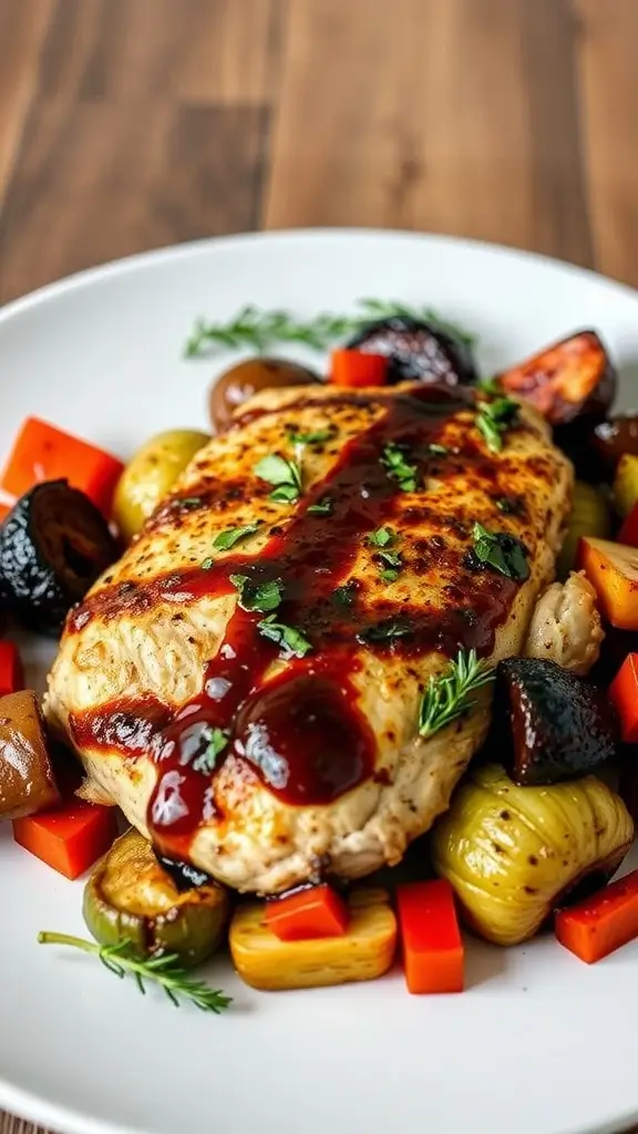 Balsamic glazed chicken breast with roasted vegetables on a white plate