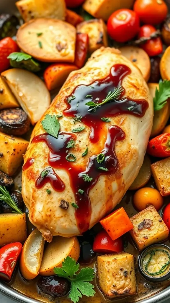 Balsamic glazed chicken breast with roasted vegetables.