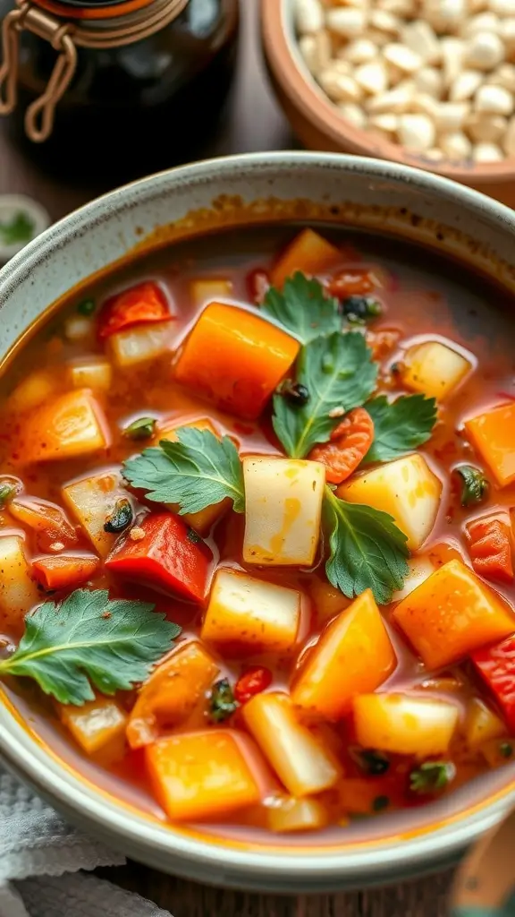 Balsamic Glazed Vegetable Soup in a bowl with fresh herbs