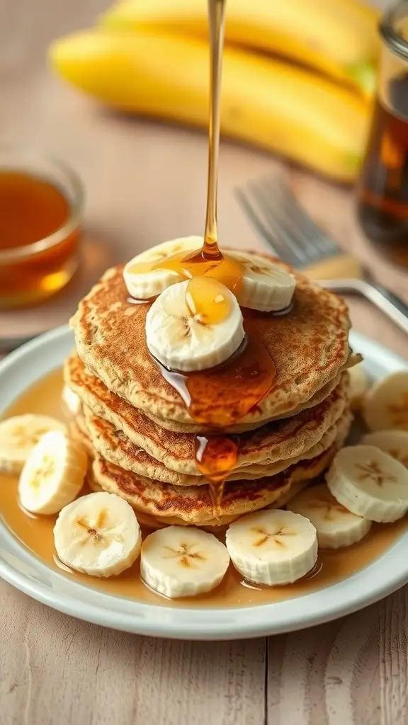Stack of banana oatmeal pancakes with syrup and sliced bananas