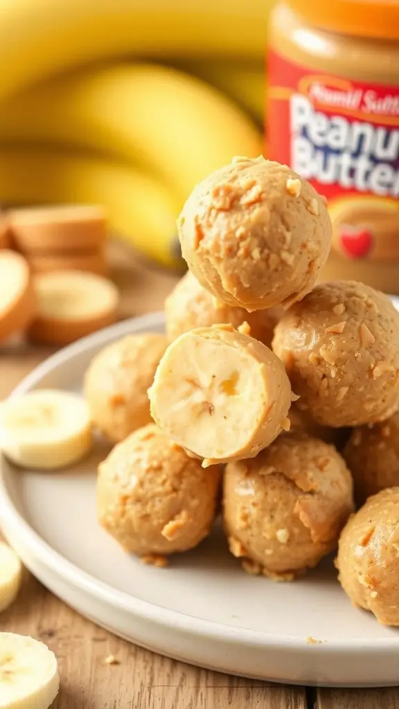 A stack of energy bites made with peanut butter and banana, surrounded by jars of peanut butter and sliced bananas.