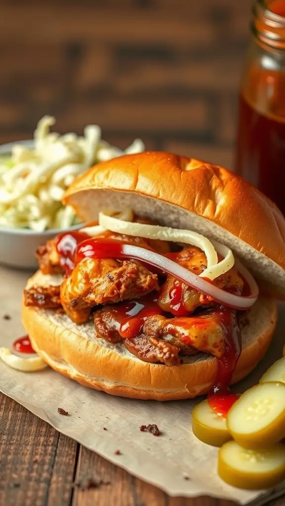 A delicious barbecue chicken sandwich with pickles and coleslaw, served with a side of sauce.