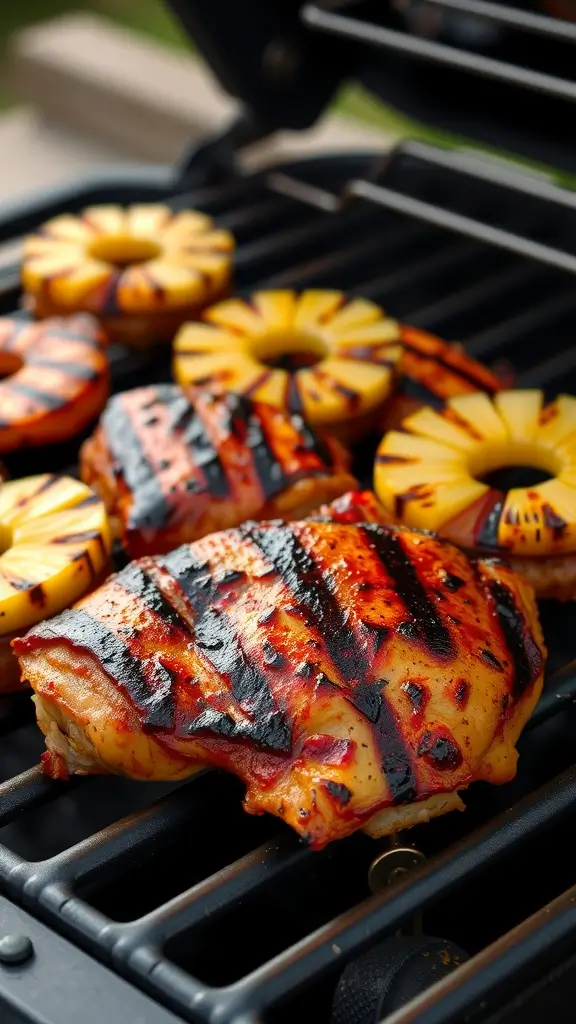 Grilled BBQ chicken breast with pineapple slices on the grill